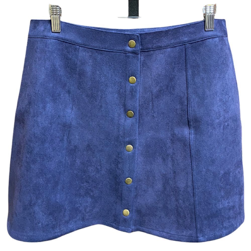 Persun Navy Faux Suede Button Front A-Line Mini Skirt NWT